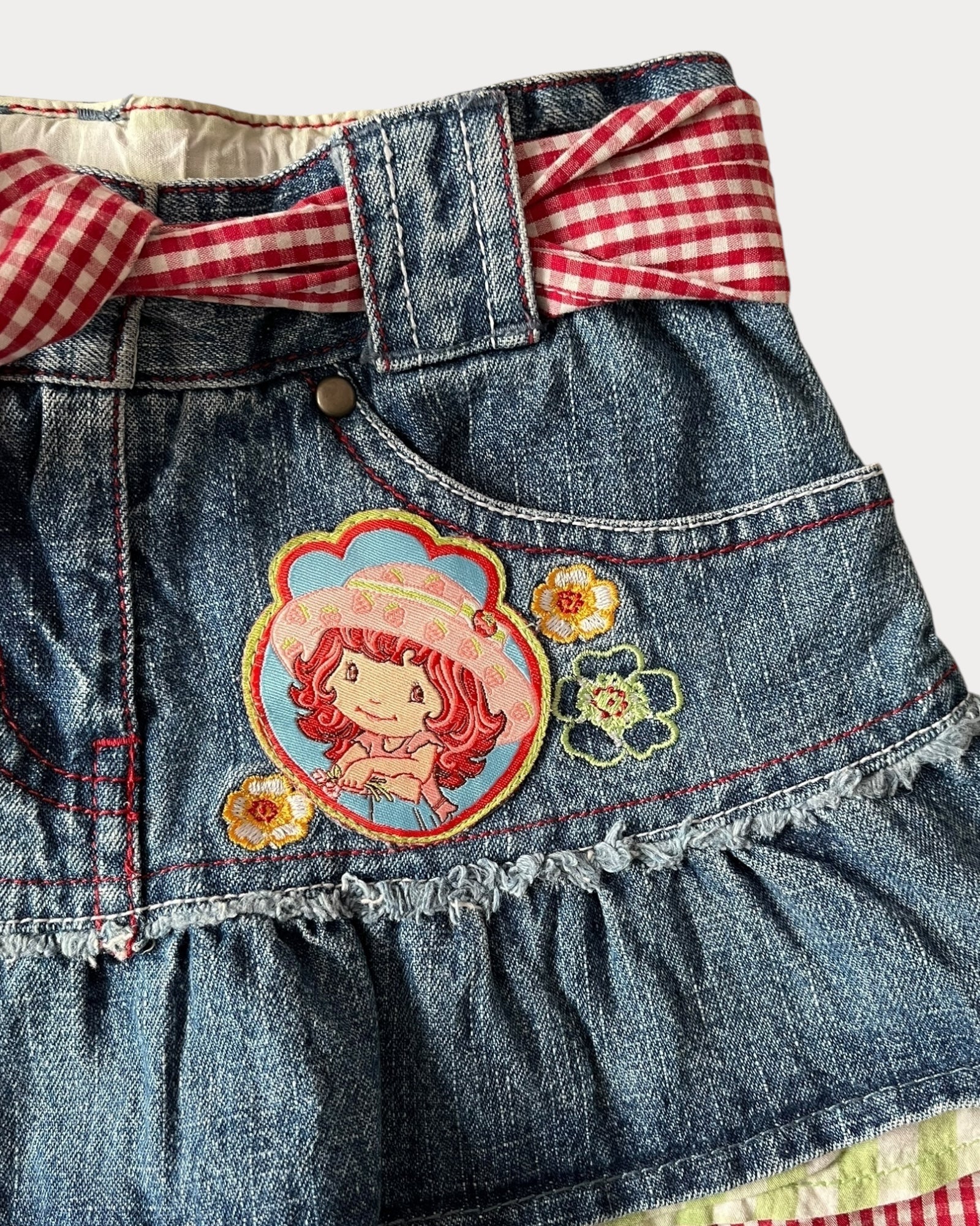 Vintage Strawberry Shortcake gingham denim skirt