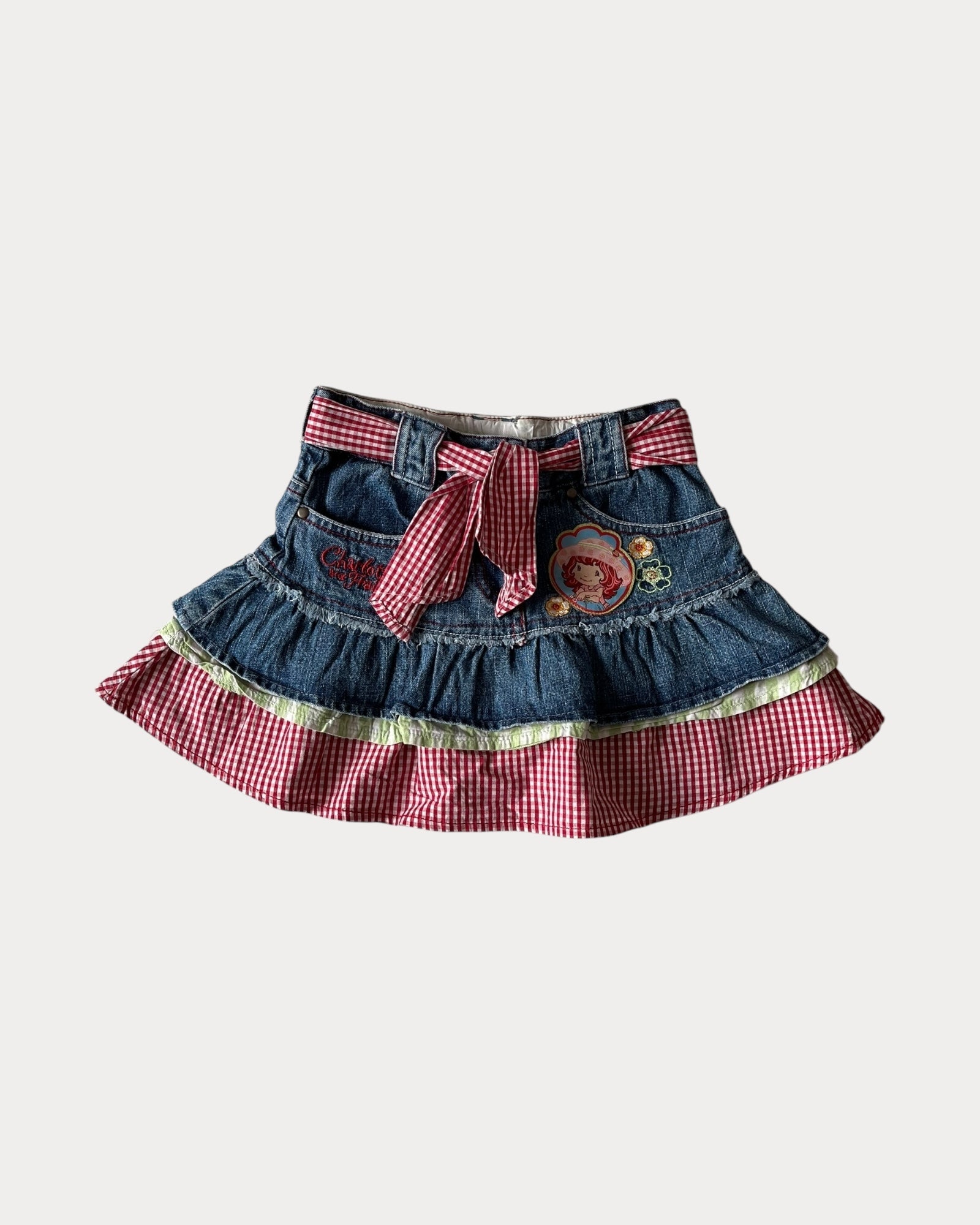 Vintage Strawberry Shortcake gingham denim skirt